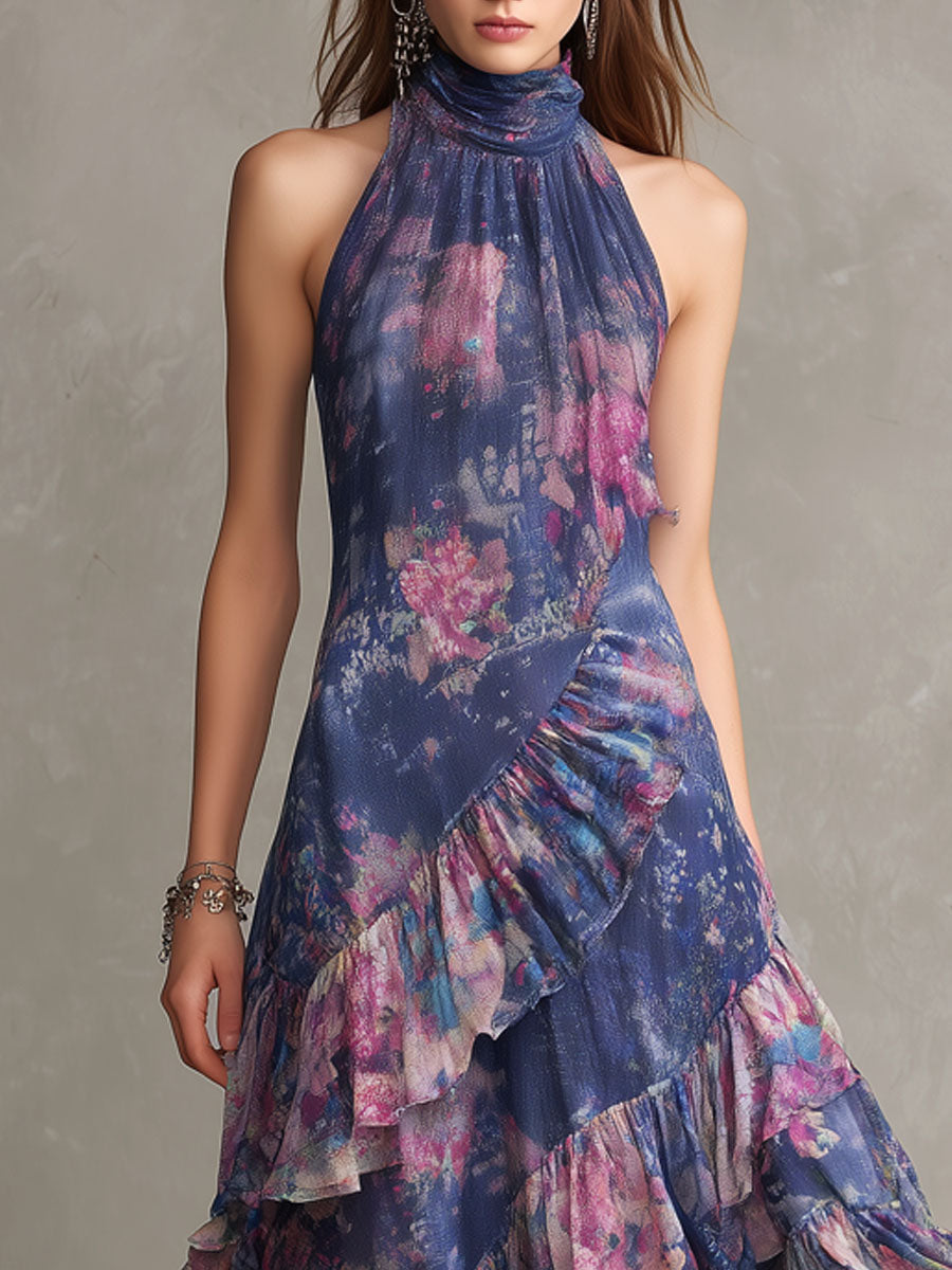 Vestido maxi bohemio floral con capas vaporosas, volantes y cuello alto