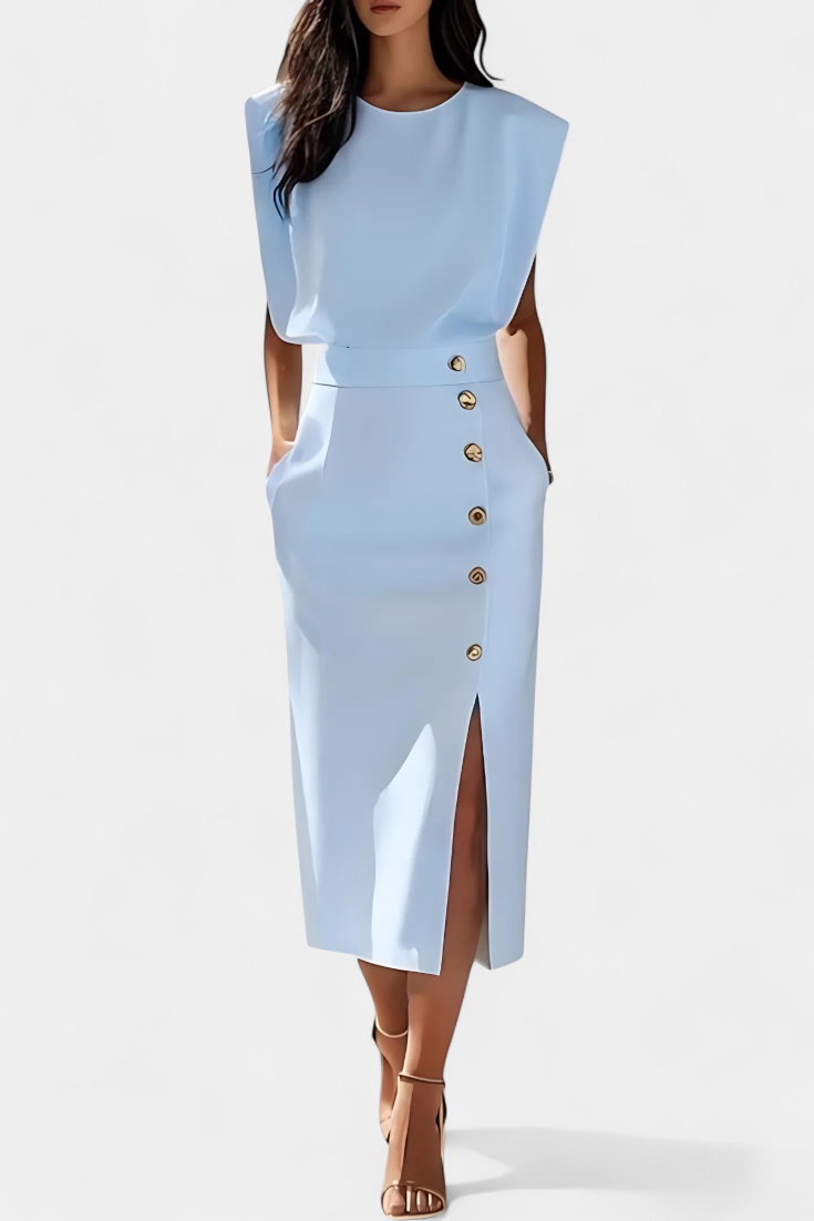 Ceecee Vestido Midi de Manga Larga con Botones Decorativos