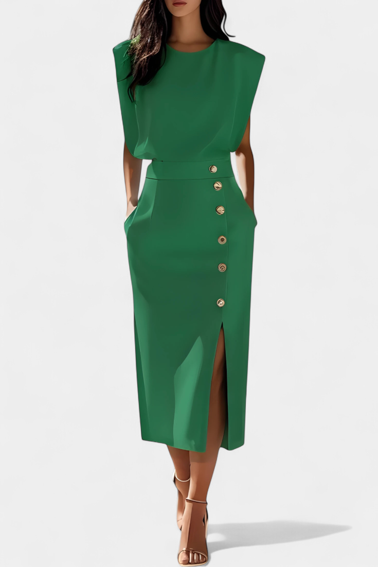 Ceecee Vestido Midi de Manga Larga con Botones Decorativos