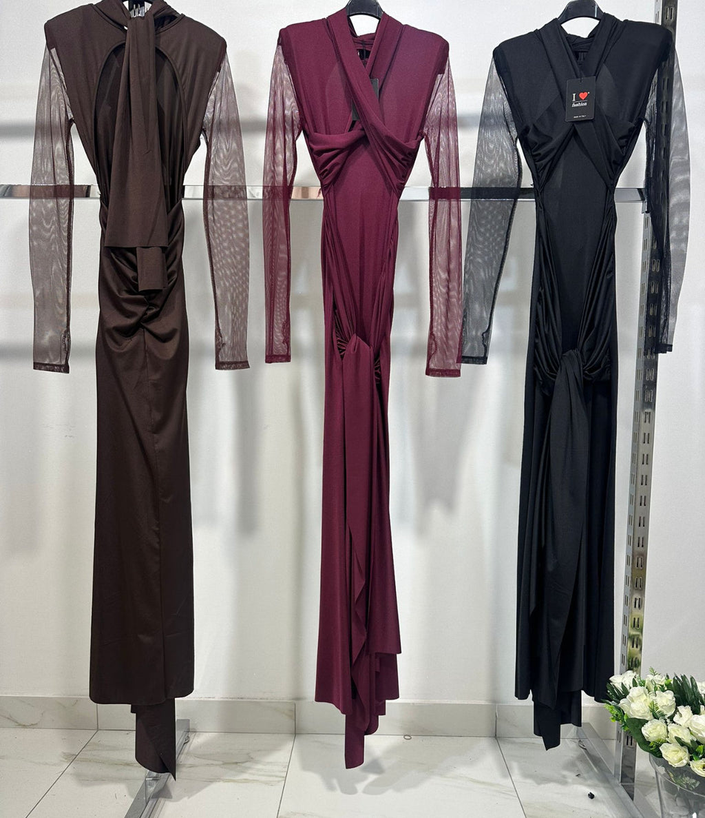 Taylor Velvet | Vestido Maxi con Manga de Tul y Espalda Descubierta