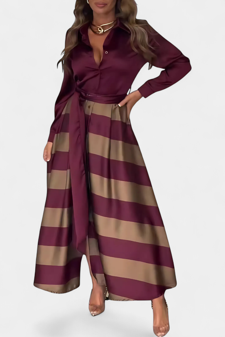 Nessia Vestido Camisero Largo a Rayas con Cinturón