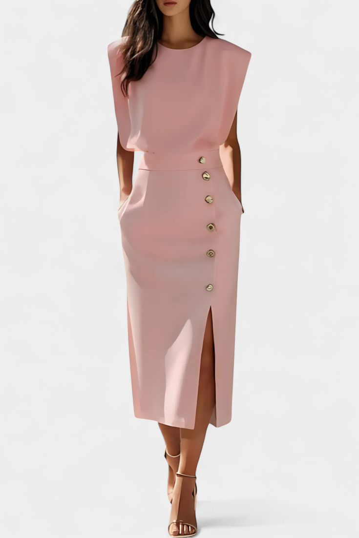 Ceecee Vestido Midi de Manga Larga con Botones Decorativos