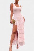 Kalani Vestido Maxi con Flecos en Capas y Abertura Lateral