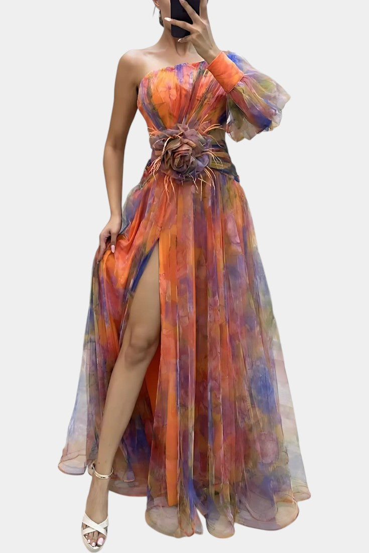 Amelie Vestido Maxi Asimétrico de Un Hombro con Estampado Artístico