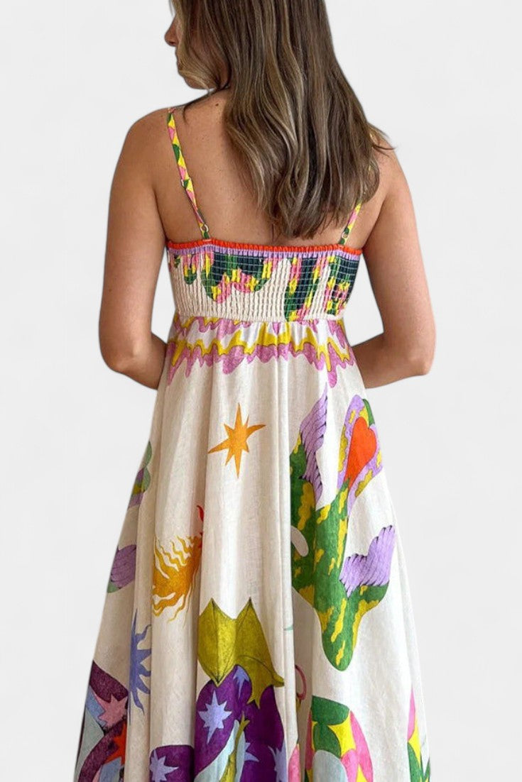 Arlene Vestido Midi de Mezcla de Lino Impreso
