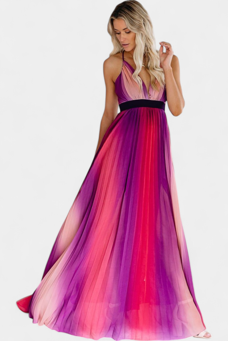 Cecilia Vestido Plisado con Espalda Abierta y Estampado Degradado