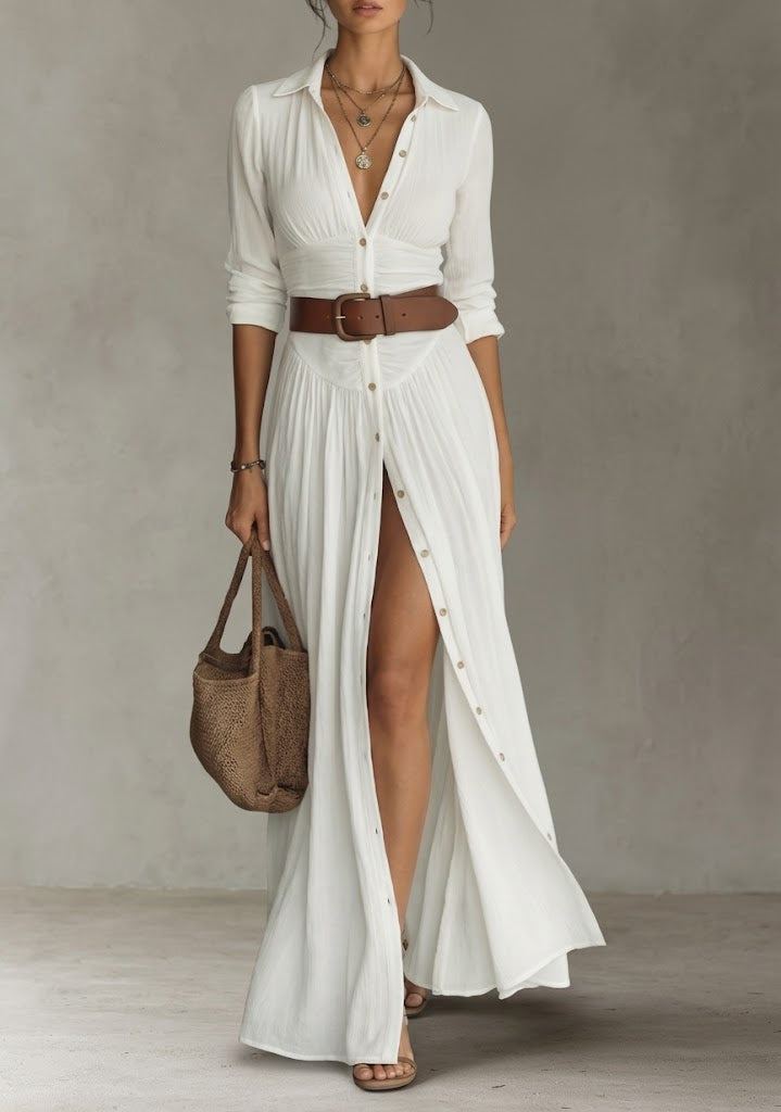 Vestido maxi - largo para mujer con cuello de solapa y mangas largas de lino
