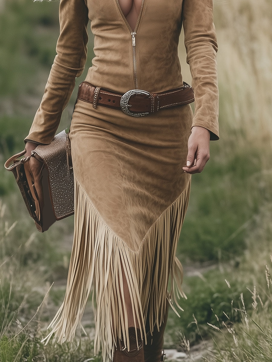 Vestido western efecto ante con flecos | Elegante y audaz