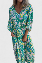 Carmina Vestido Maxi Bohemio con Escote en V y Estampado Abstracto