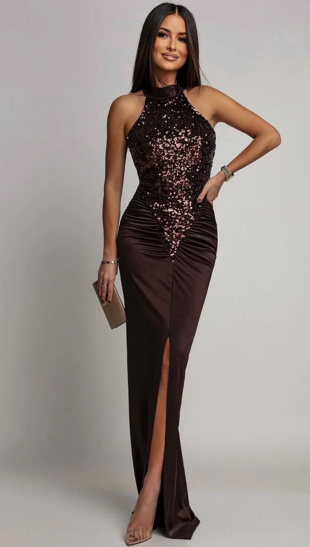 Nizza Sequin | Vestido Maxi Halter con Corpiño de Lentejuelas