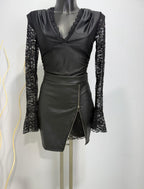 Patty | Conjunto Blusa de Encaje y Falda Mini de Polipiel