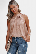 Adela Blusa sin Mangas de Leopardo con Cuello Alto y Lazo