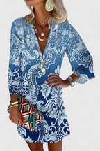 Rufina Vestido Mini Azul con Escote en V y Manga Larga