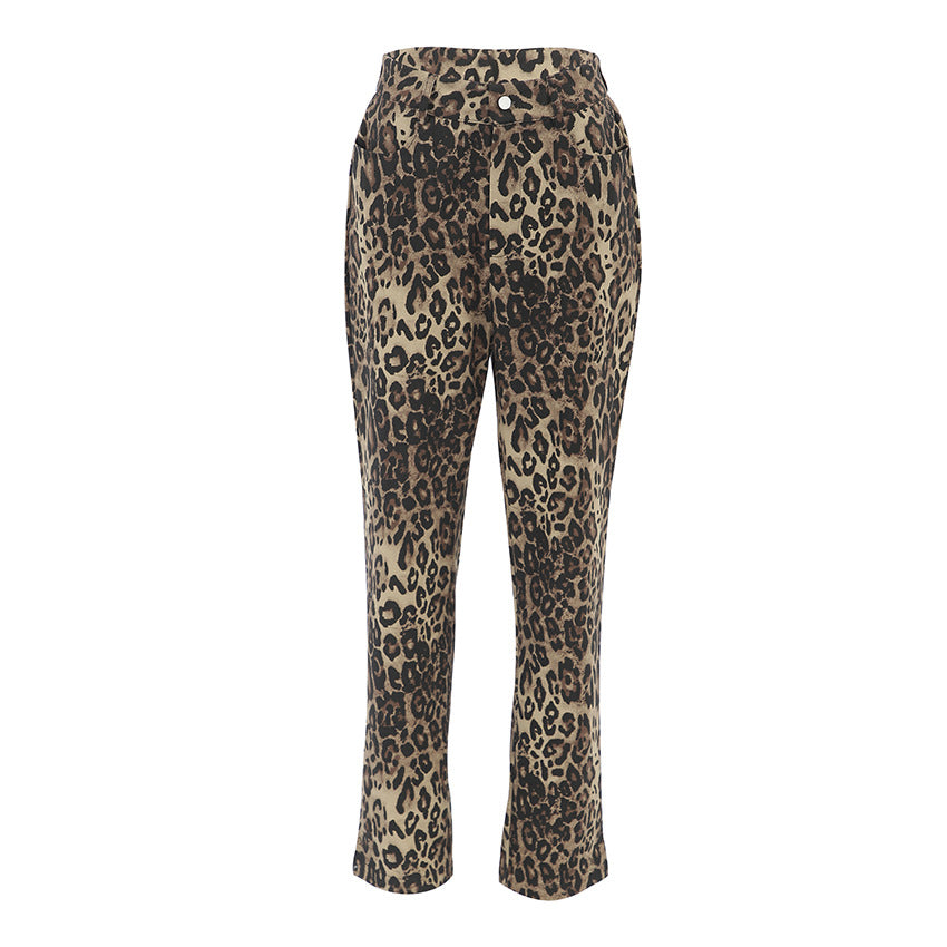 Pantalones rectos de cintura alta con estampado de leopardo