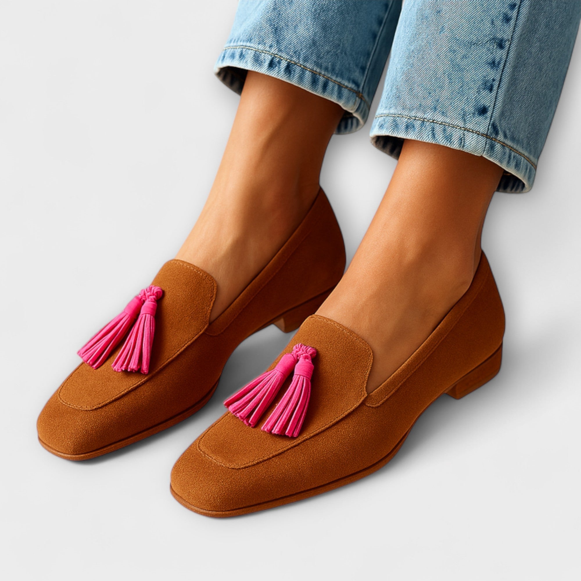 Rosa Loafers de Ante con Borlas Decorativas
