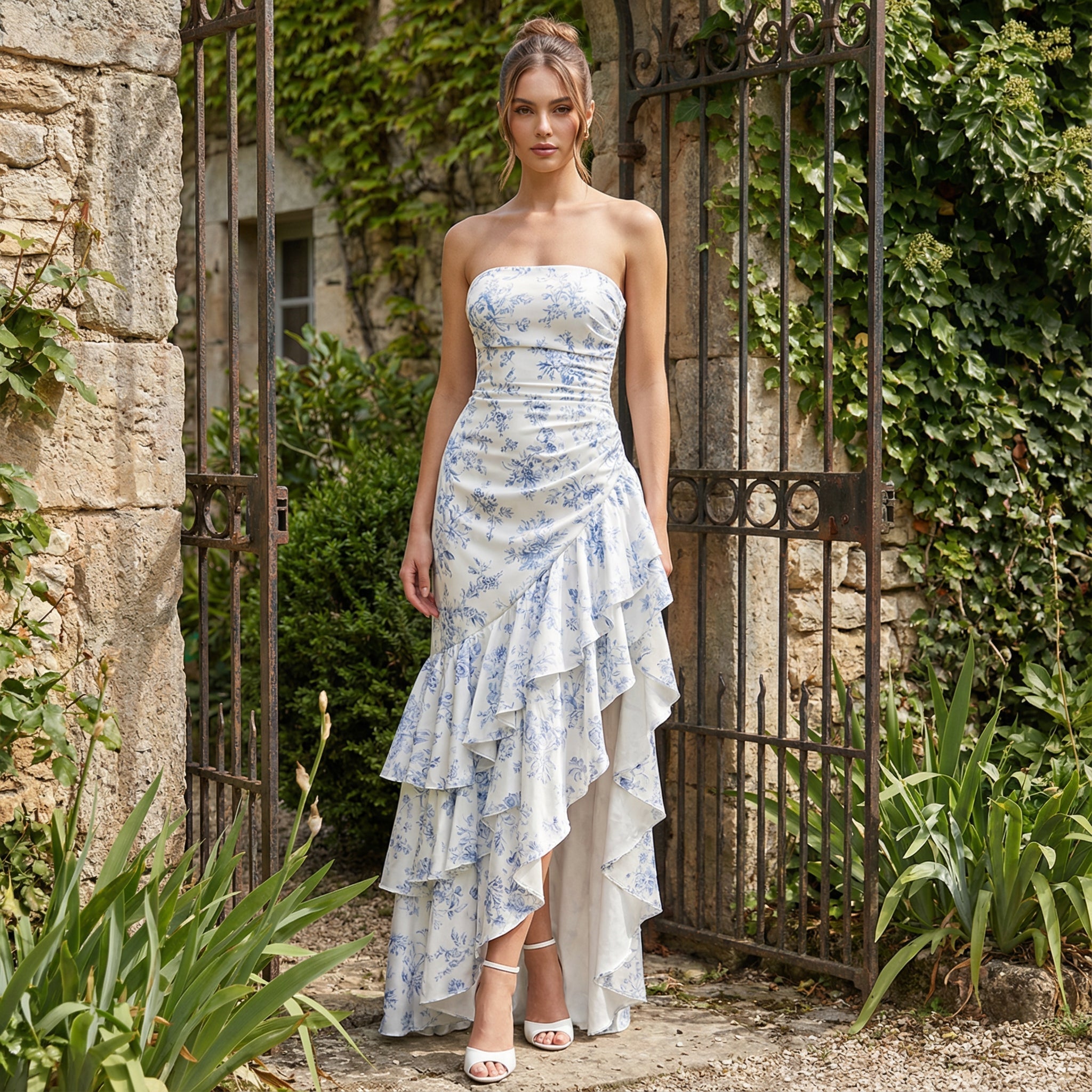 Xyrelle - Vestido maxi sin mangas con abertura y volantes