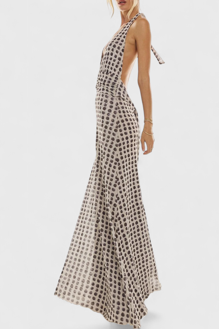 Melodía Vestido Maxi de Lunares con Escote Halter y Cintura Fruncida
