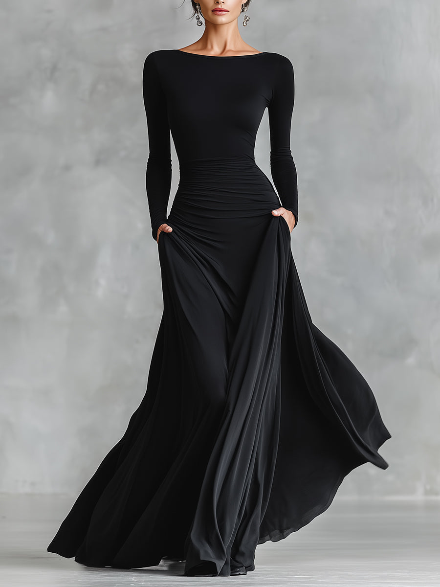 Vestido maxi elegante con pliegues fluidos