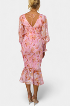 Carly Vestido Midi Floral con Cintura Fruncida y Mangas Vaporosas