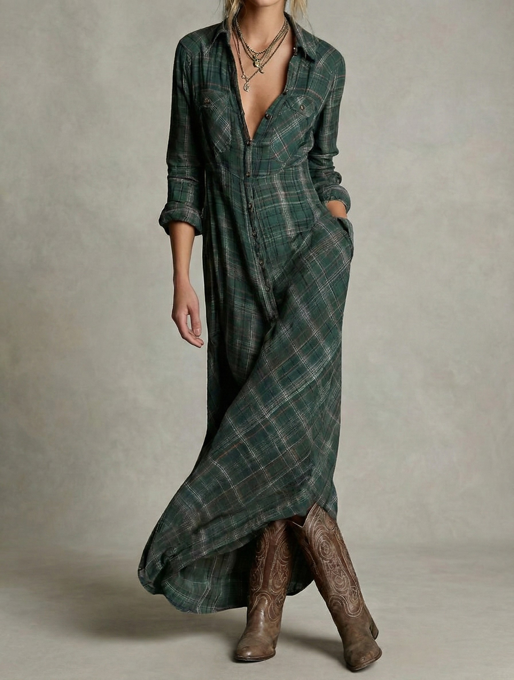Rosa - Vestido Camisero de Cuadros Esmeralda