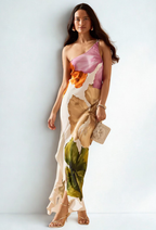 Almudena Vestido Elegante con Patchwork y Cuello Asimétrico