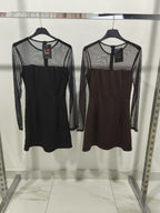 Velara Noir | Vestido Mini con Manga Larga de Tul y Escote Ilusión
