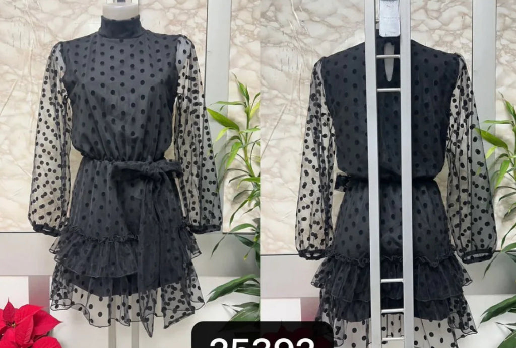 Lunares Noir | Vestido Mini de Tul con Lunares y Manga Larga