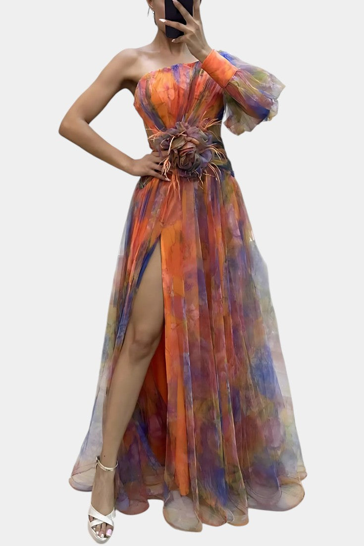 Amelie Vestido Maxi Asimétrico de Un Hombro con Estampado Artístico