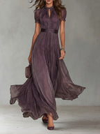 Flavia | Vestido largo violeta con escote de lágrima y borde de encaje de chiffon