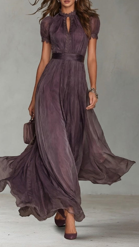 Flavia ™ Vestido largo violeta con escote de lágrima y borde de encaje de chiffon