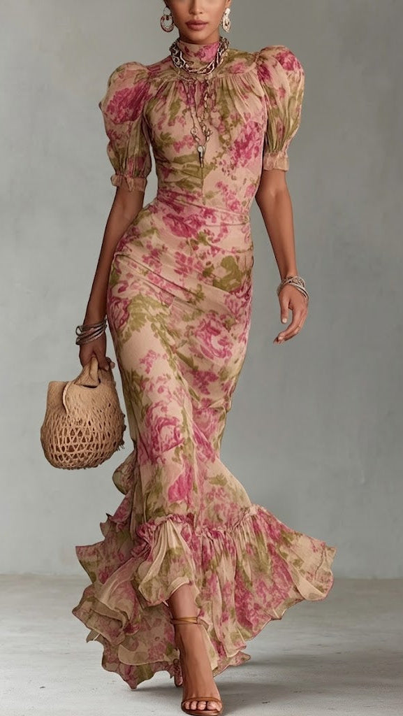 Fiora ™ Vestido largo con estampado vintage de rosas y mangas abullonadas