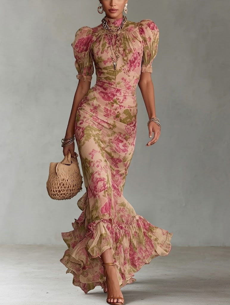 Fiora ™ Vestido largo con estampado vintage de rosas y mangas abullonadas