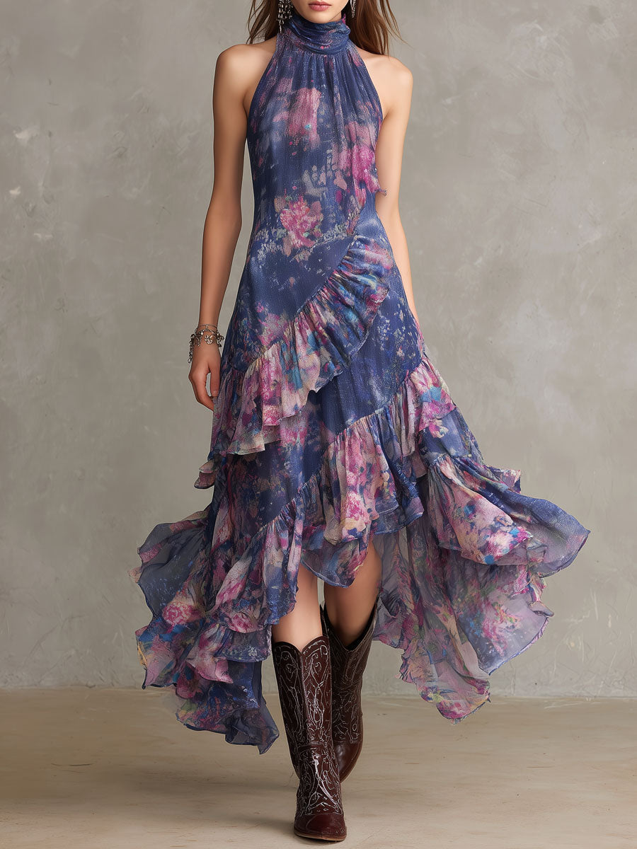 Vestido maxi bohemio floral con capas vaporosas, volantes y cuello alto