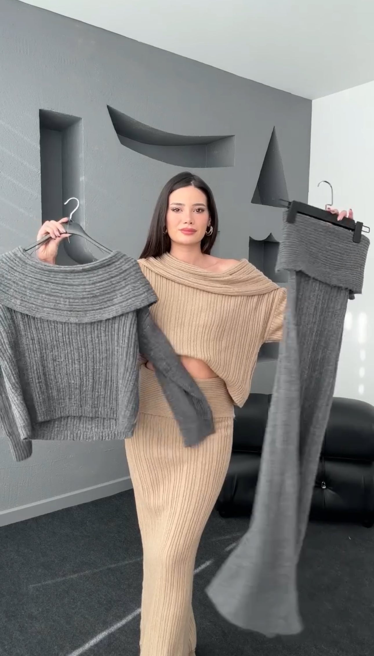 Innova Set | Conjunto Top Asimétrico de Punto y Falda Maxi Acanalada
