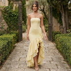 Xyrelle - Vestido maxi sin mangas con abertura y volantes