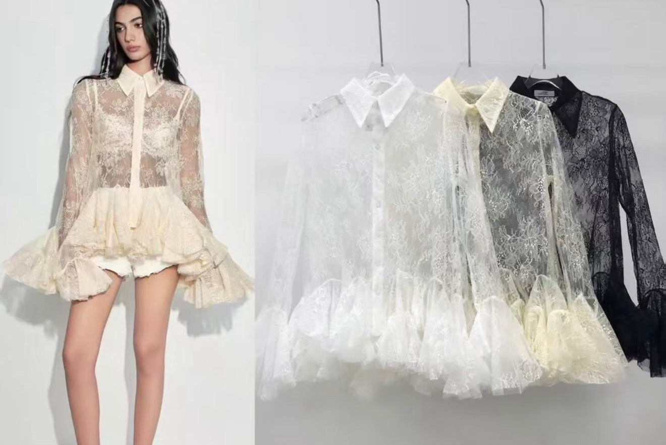 Glamy Lace | Camisa de Encaje Bordado con Manga Larga y Corte Asimétrico