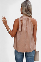 Adela Blusa sin Mangas de Leopardo con Cuello Alto y Lazo