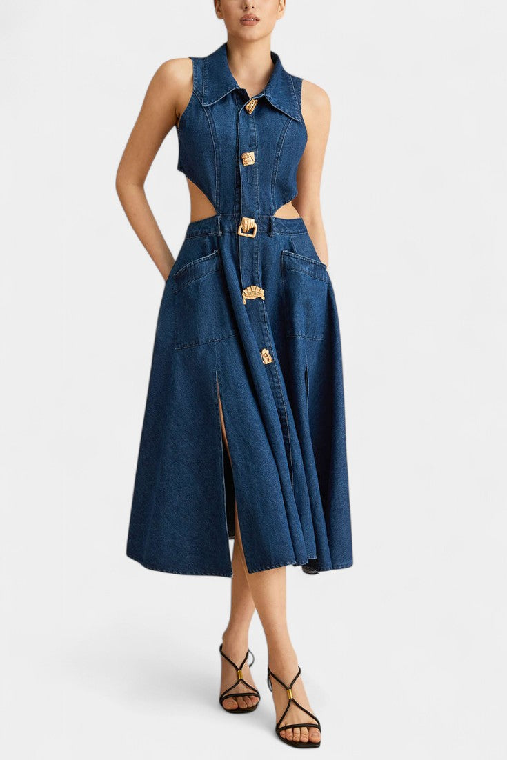 Alia Vestido de Mezclilla sin Mangas con Corte Moderno