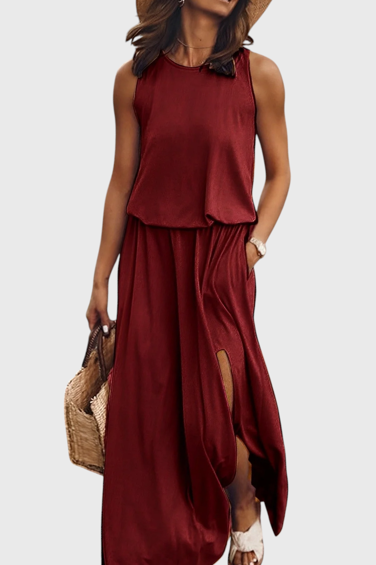 Dianne Vestido Sin Mangas con Abertura Lateral y Silueta Holgada