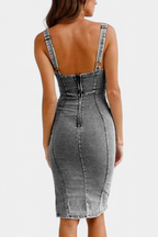 Janessa Vestido Denim con Tirantes Ajustables y Abertura Frontal