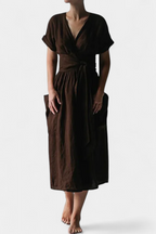 Cressida Vestido de Algodón con Escote en V y Cintura Ajustable