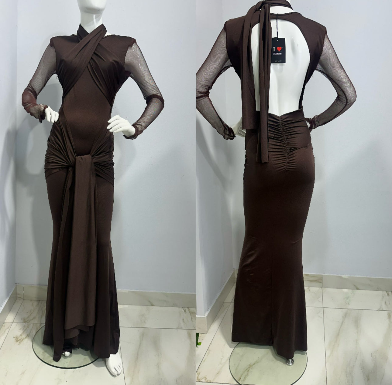 Taylor Velvet | Vestido Maxi con Manga de Tul y Espalda Descubierta