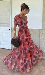 FLORA | Vestido Largo Hombro Caído Acuarela