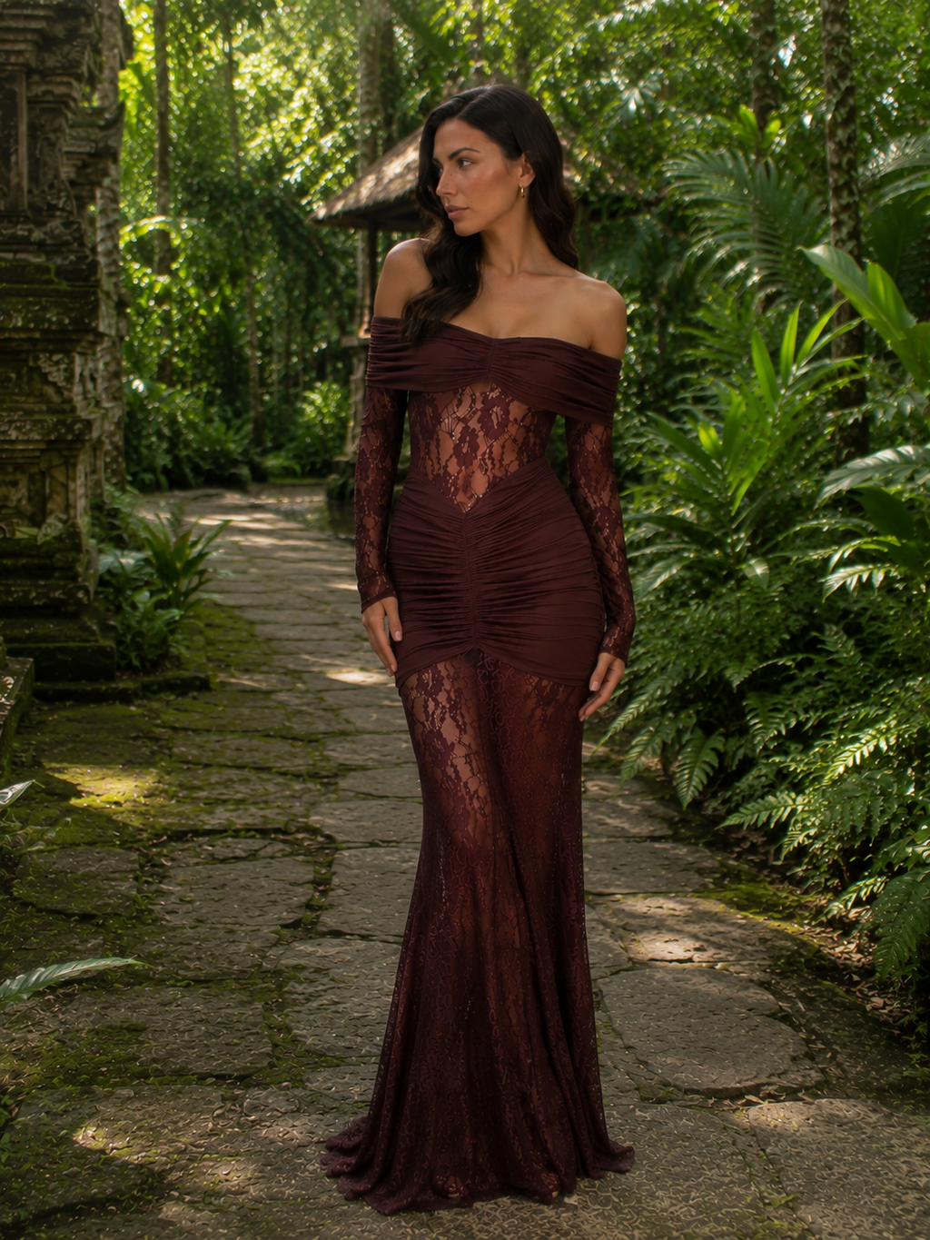 Bruma Vestido Maxi de Encaje con Ruches sin Tirantes