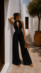 Laura | Mono plisado de chiffon negro con mangas kimono