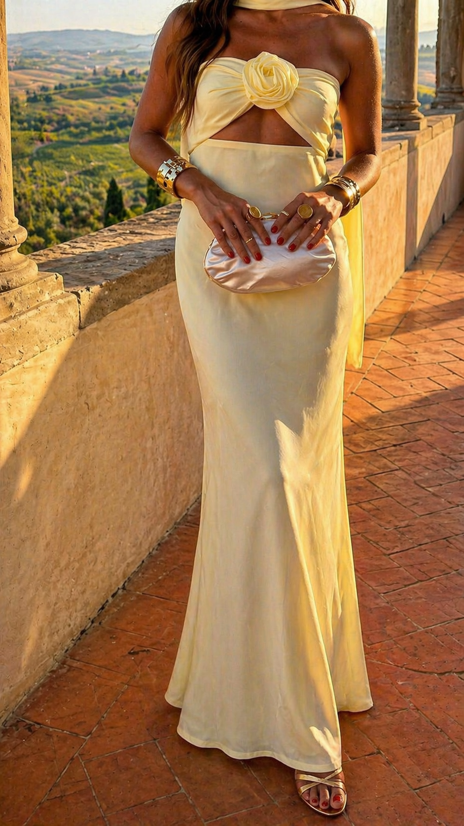Vestido Gardenia — Maxi Halter con Rosa Corsage