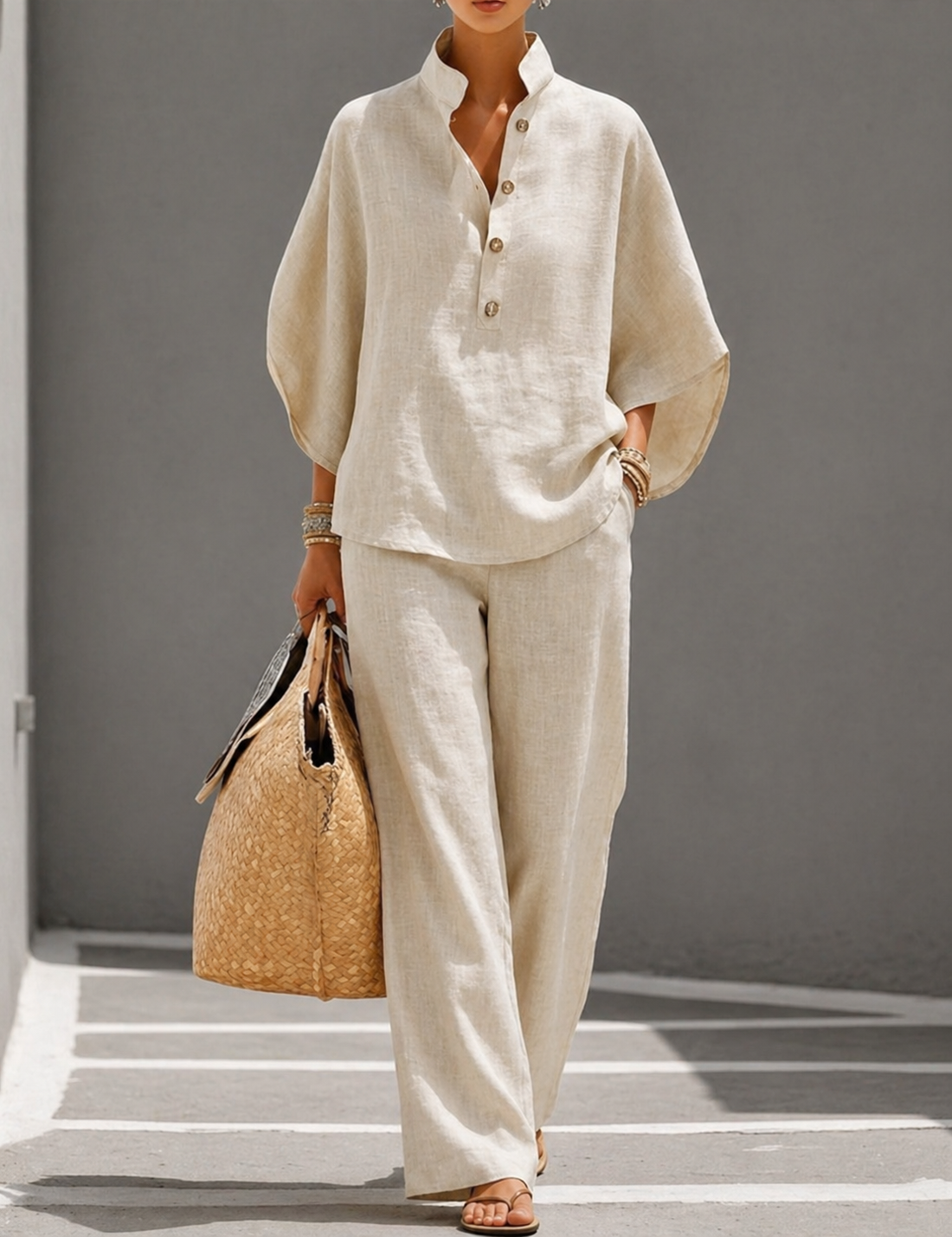 Mariel | Conjunto de algodón y lino con mangas murciélago y pantalón largo