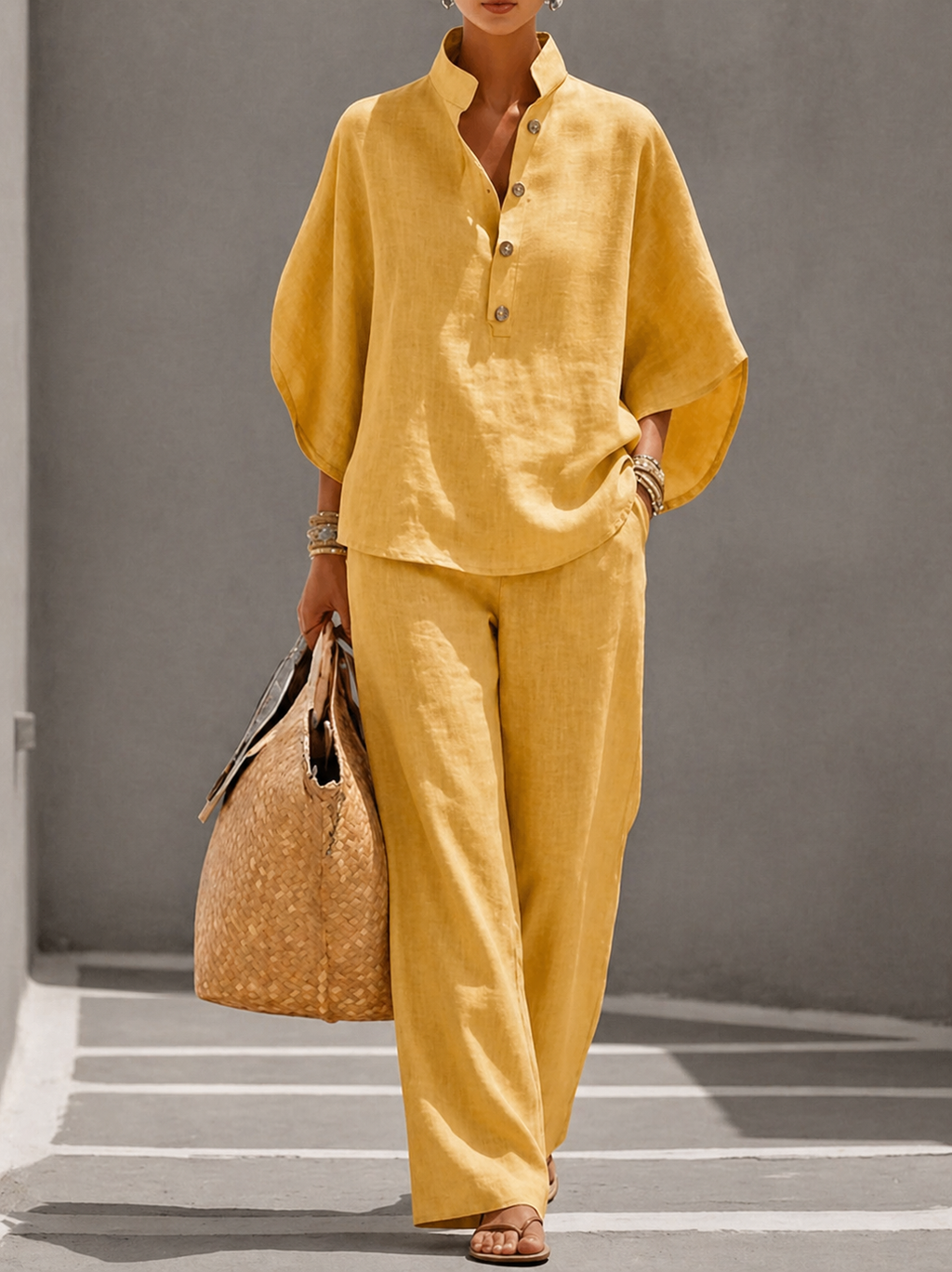Mariel | Conjunto de algodón y lino con mangas murciélago y pantalón largo