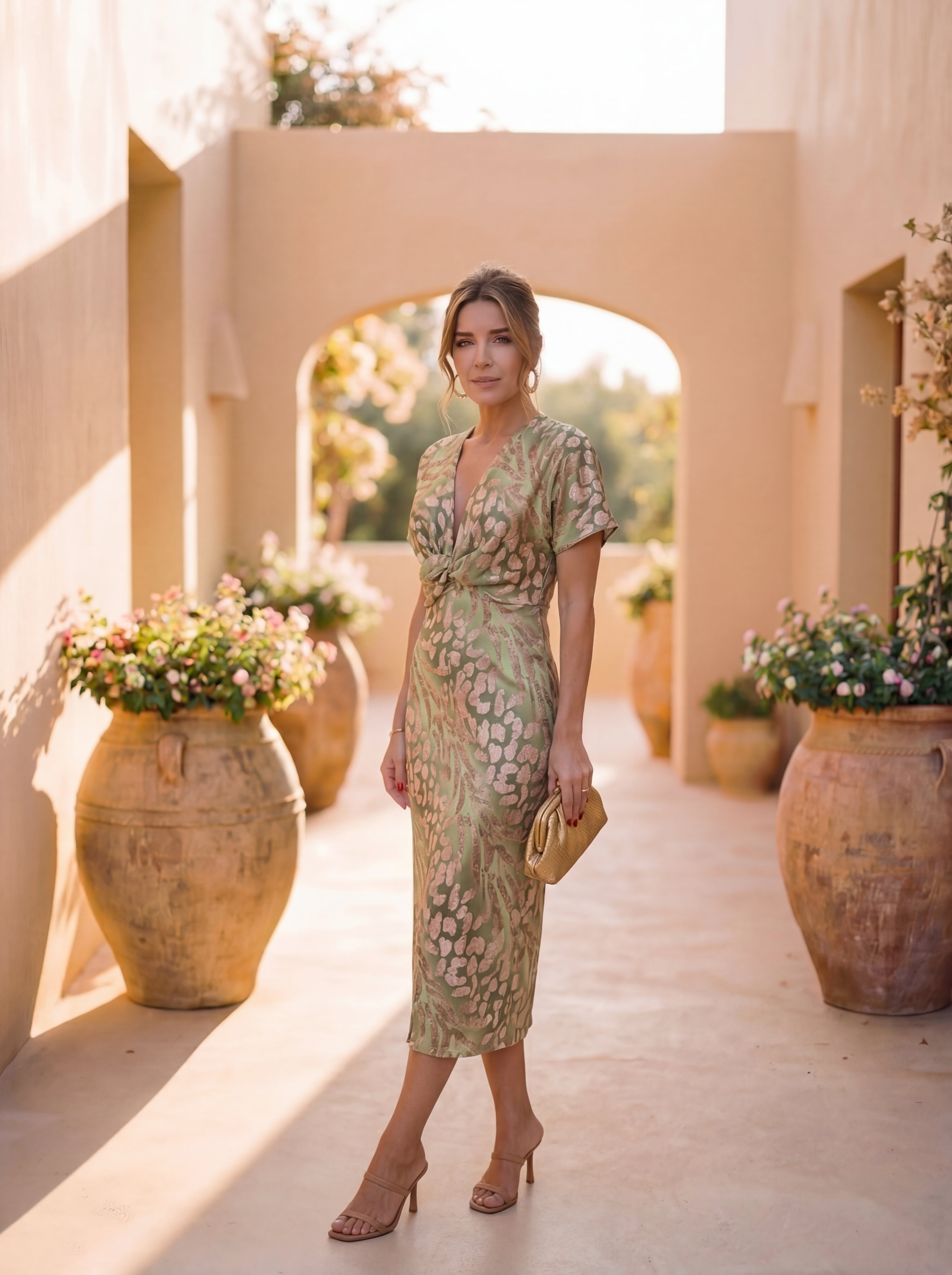 Calandra™ | Vestido midi efecto estilizador con nudo central y caída fluida
