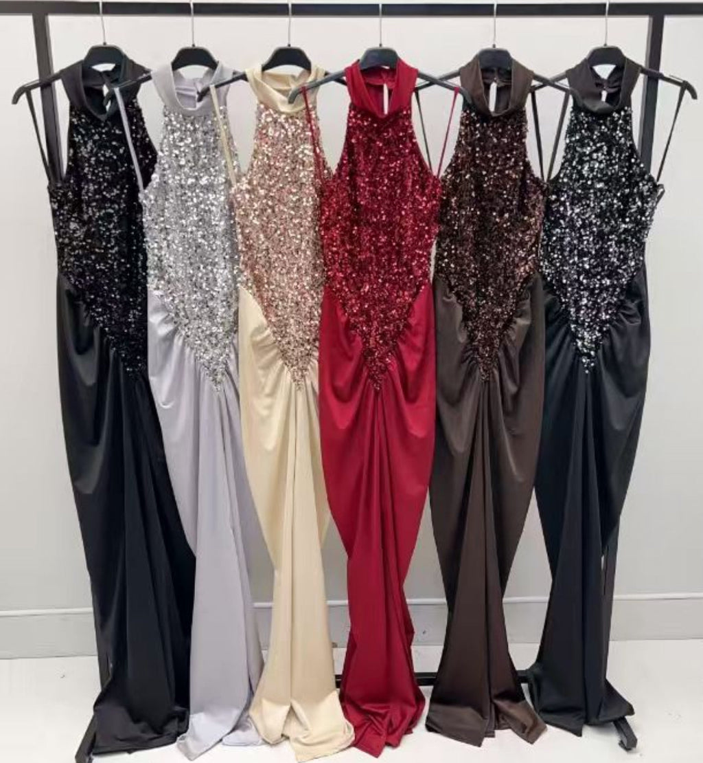 Nizza Sequin | Vestido Maxi Halter con Corpiño de Lentejuelas